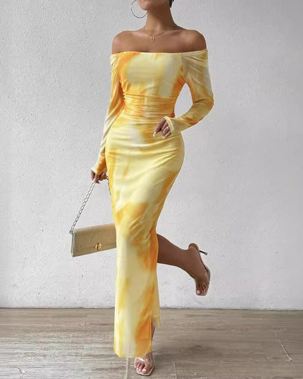 Printed Pleated Sexy Tight Split Square Collar Dress