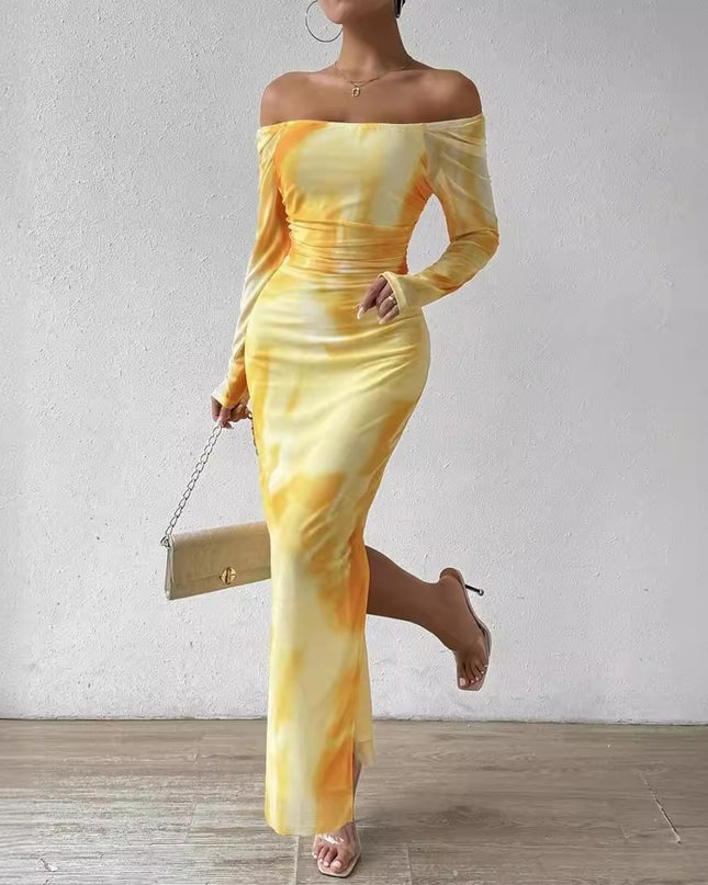 Printed Pleated Sexy Tight Split Square Collar Dress