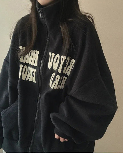 Women's Alphabet Plus Velvet Loose Cardigan Zipper Simple Sweater