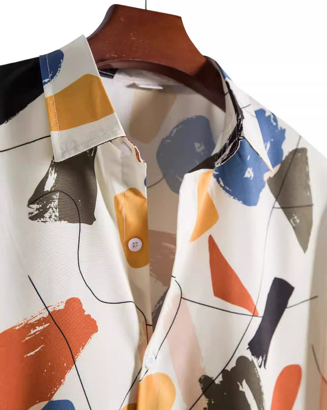 Casual Polo Collar Slim-fit 3D Printed Men's Shirt