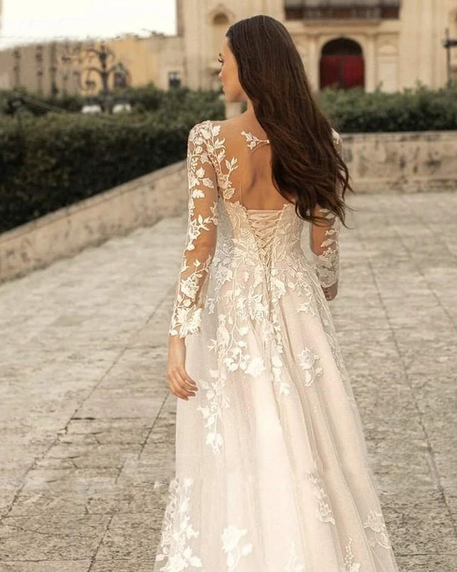 Long Sleeve Wedding Dress Mori Style Bridal Simple Round Neck