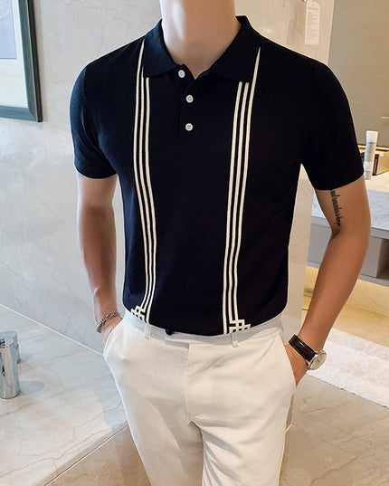 Men's Short Sleeve Knit Sweater Lapel T-shirt Teen Pullover