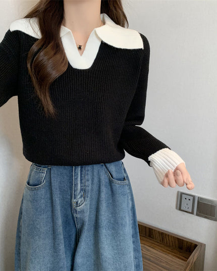Contrast Color Polo Collar Soft Glutinous Sweater Women's Autumn And Winter