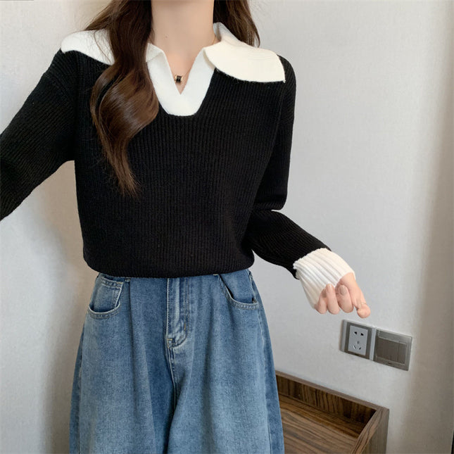 Contrast Color Polo Collar Soft Glutinous Sweater Women's Autumn And Winter