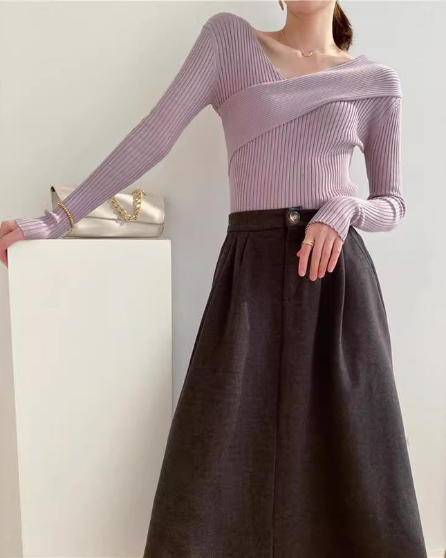 Crossbody Off-the-shoulder V-neck Cross-wire Knitted Sweater