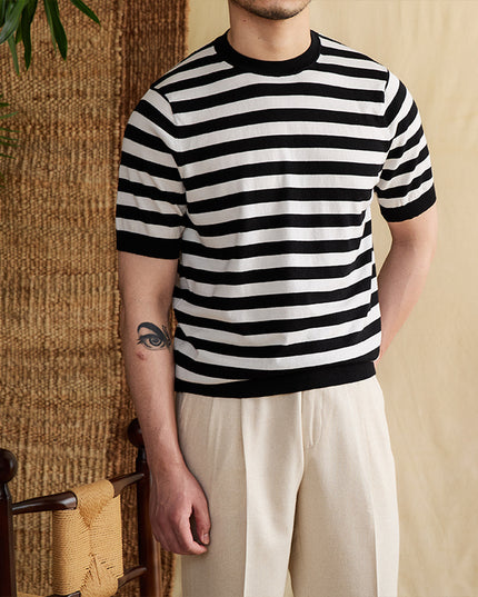 Striped Navy-striped Shirt Breathable Tencel Cotton Round Neck Short Sleeve T-shirt