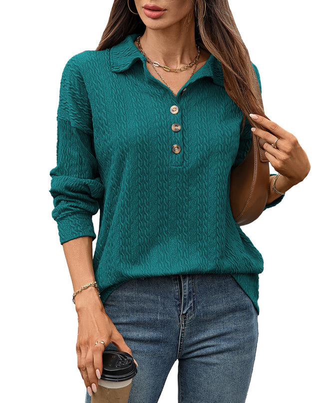 Solid Color Polo Collar Button Loose Long Sleeve Sweatershirt