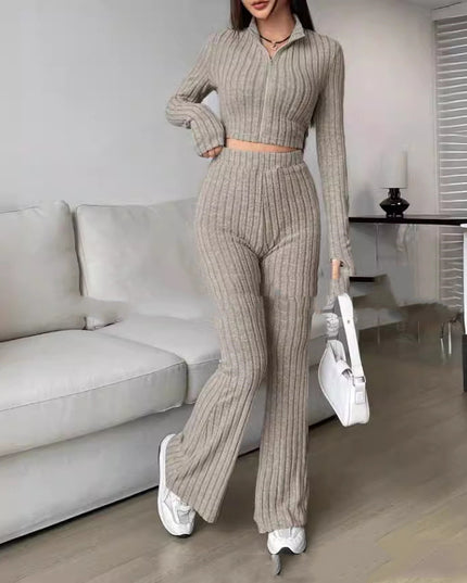 Solid Color Knitted Long Sleeve Turtlenecks Wide Leg High Waist Trousers Suit