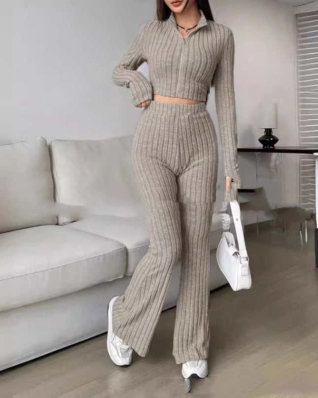 Solid Color Knitted Long Sleeve Turtlenecks Wide Leg High Waist Trousers Suit