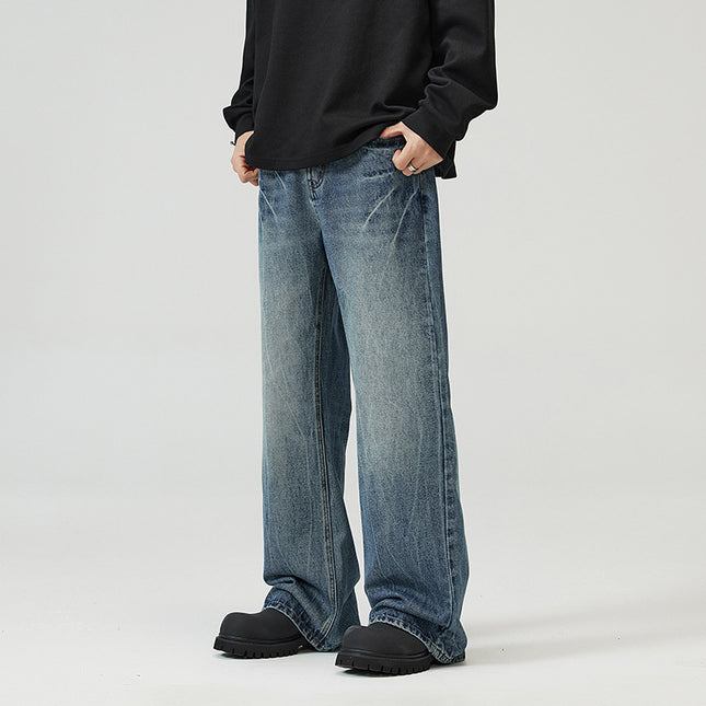 Men’s Lightning Crack Blue Jeans | Retro Straight-Leg Mid-Waist Denim