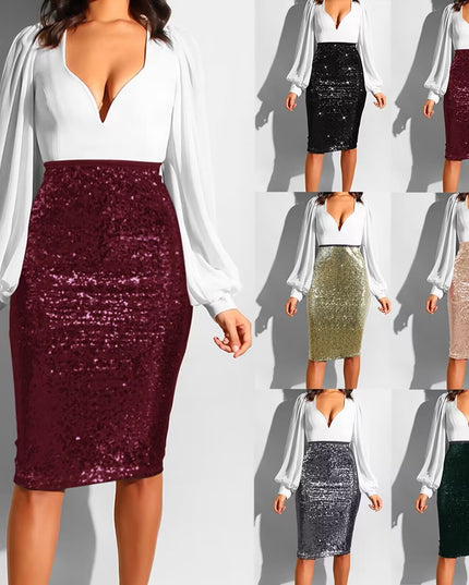 Women's Pure Color Sequins Fashion High Waist Slim Fit Hip Raise Casual Skirt