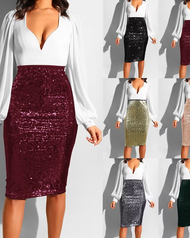 Women's Pure Color Sequins Fashion High Waist Slim Fit Hip Raise Casual Skirt
