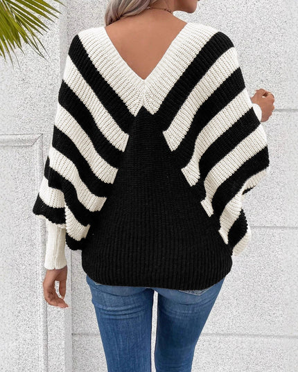 Plus Size Stripe Contrast Color V-neck Long-sleeve Knitwear