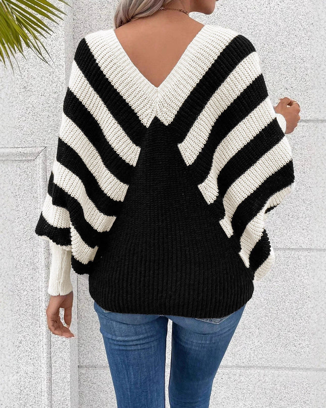 Plus Size Stripe Contrast Color V-neck Long-sleeve Knitwear