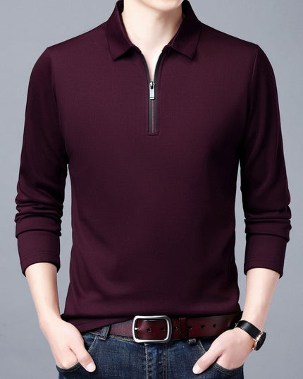 Spring And Autumn Men Long Sleeve Lapel Half Zip T Shirt