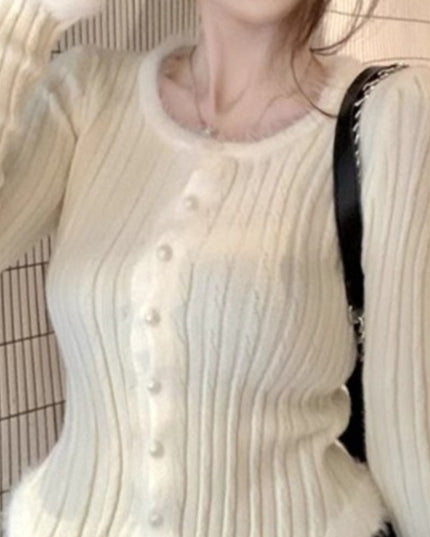 Women's Square Collar Stitching Edging Knitted Cardigan Autumn Winter Coat