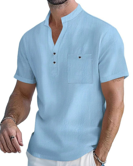 Stand Collar T-shirt Linen Short Sleeve Shirt Men