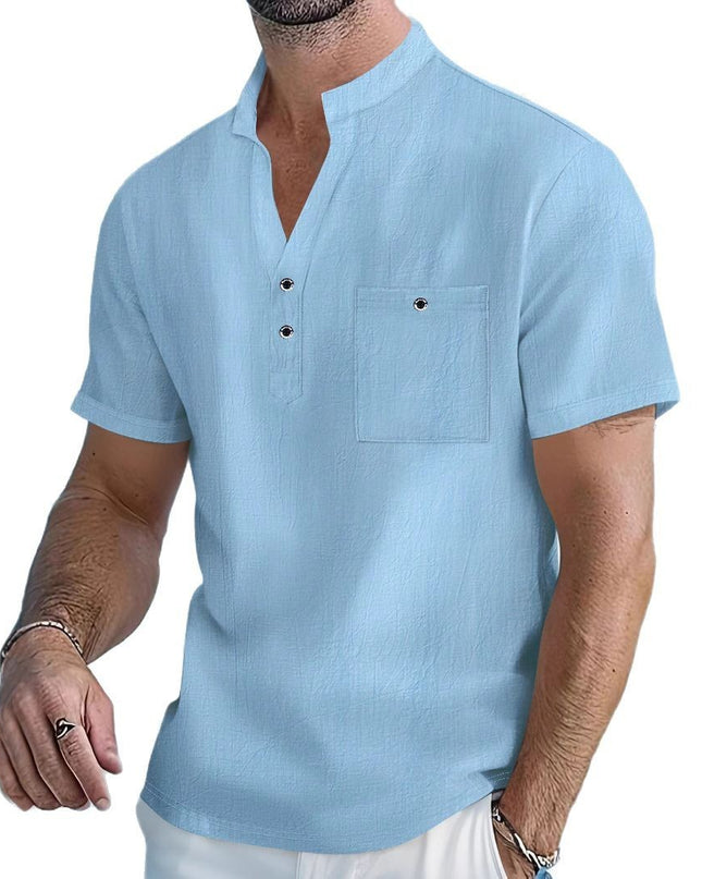 Stand Collar T-shirt Linen Short Sleeve Shirt Men