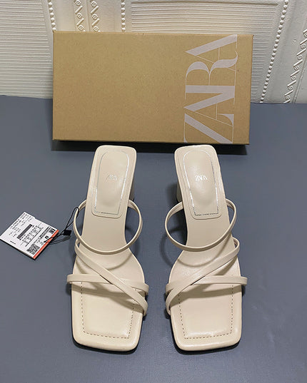 Square Toe High-heeled Sheep Leather Sandals