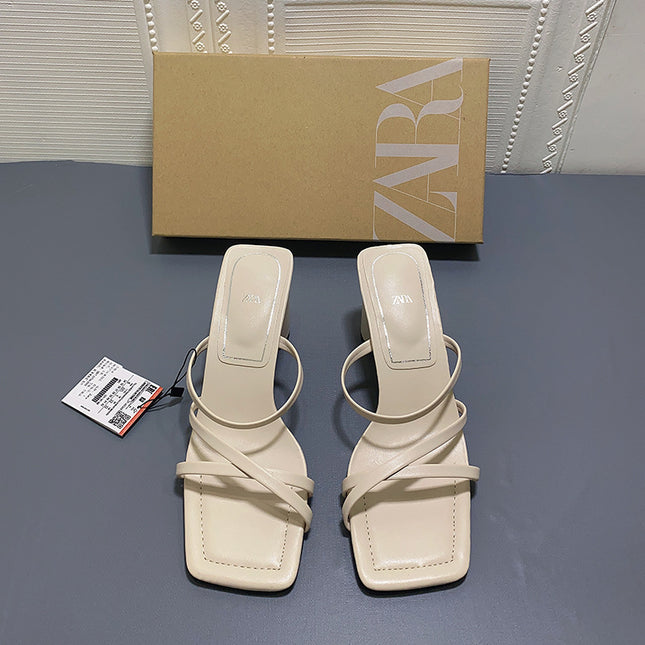 Square Toe High-heeled Sheep Leather Sandals