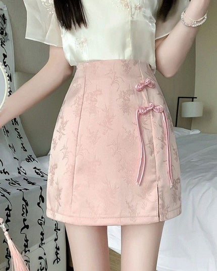 High Waist Slimming New Chinese Style Buckle Jacquard Skirt
