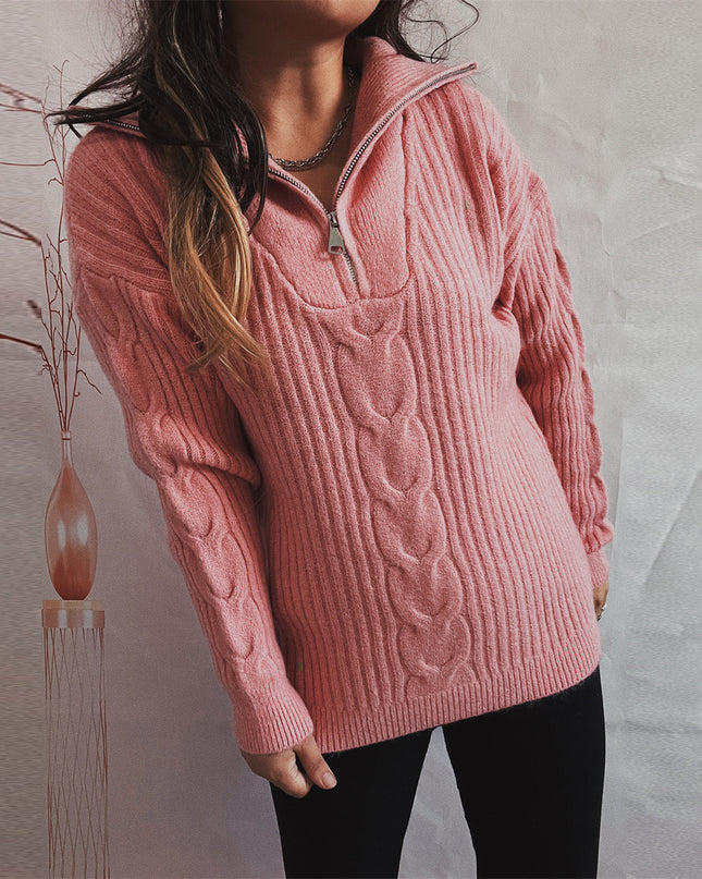 Twist Vertical Stripes Zipper And Lapel Long Sleeve Sweater