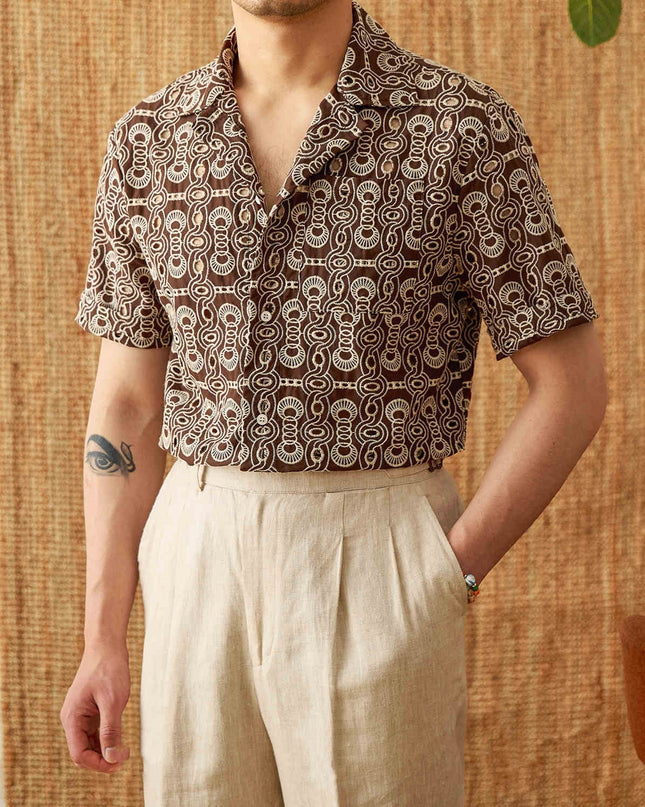 Vintage Embroidered Cotton Casual Cuban Collar Short Sleeve Printed Shirt