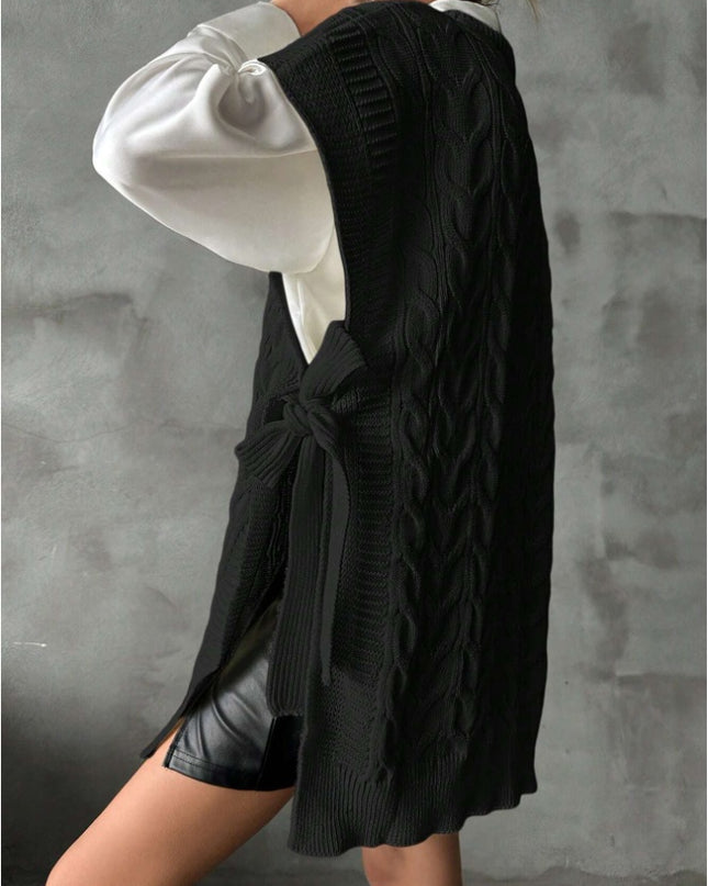 Women's Solid Color V-Neck Tie Casual Knit Vest