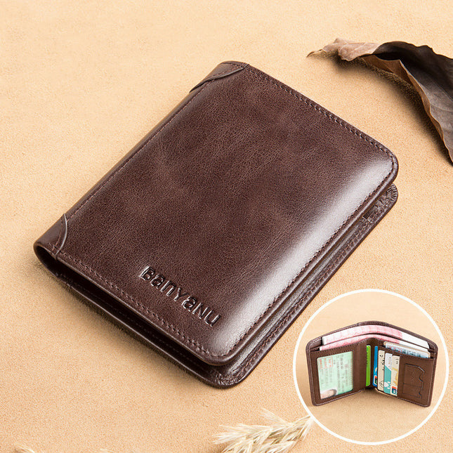 Men's Short Matte Leather Tri-fold Vertical Wallet
