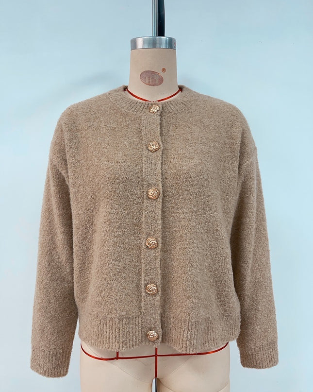 Round Neck Button Solid Color Sweater Knitwear