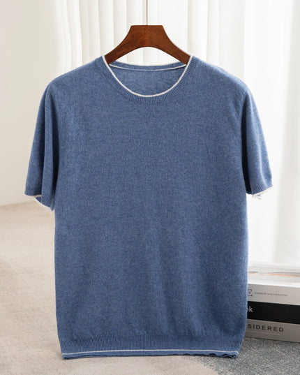 Pure Wool Half Sleeve Men's Color-block Crew Neck Knitted Short Sleeve