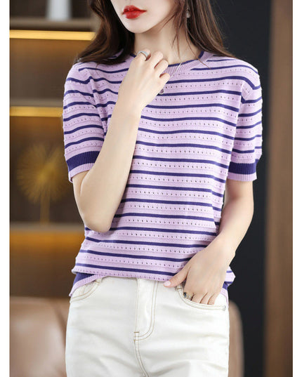 Loose Color Matching Striped Hollow Knitted Shirt