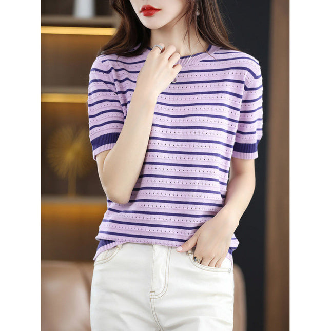 Loose Color Matching Striped Hollow Knitted Shirt