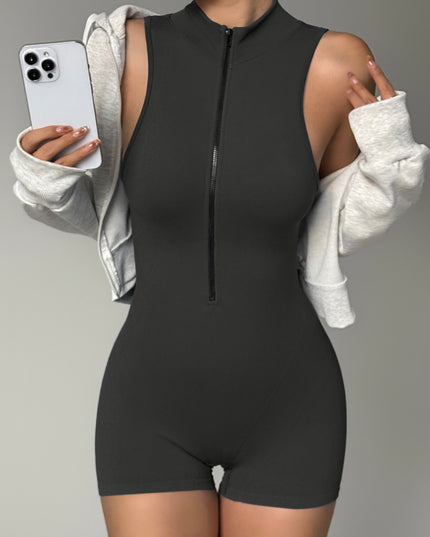 Stand Collar Zipper Sleeveless Peach Hip One-piece Shorts