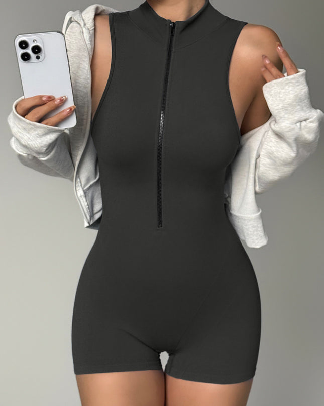 Stand Collar Zipper Sleeveless Peach Hip One-piece Shorts