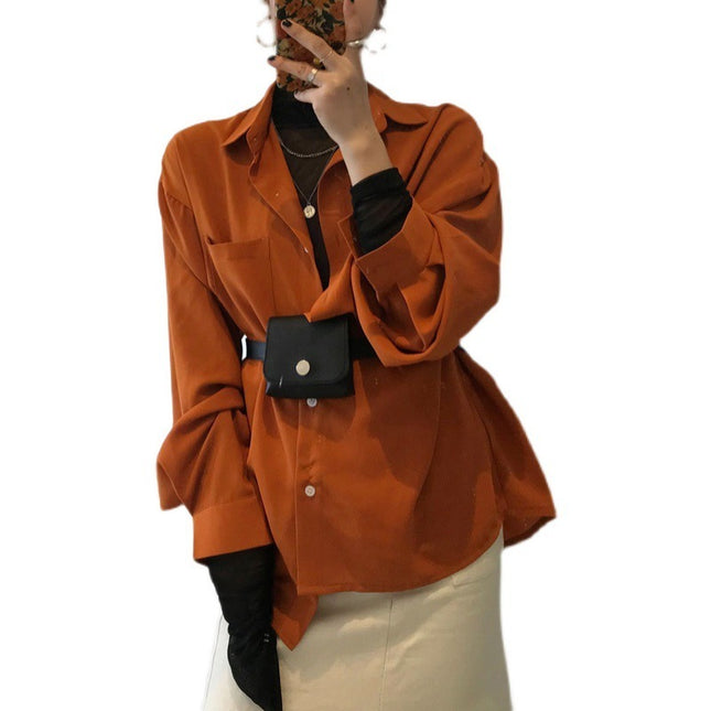Women's Orange Lantern Sleeve Loose Casual Shirt