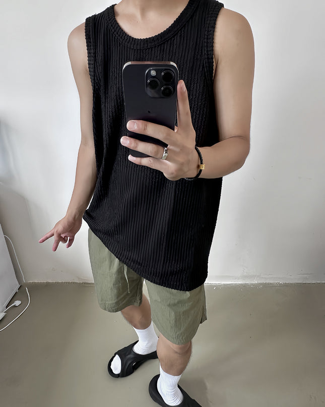 Casual Loose Sunken Stripe Sleeveless T-shirt Solid Color Top