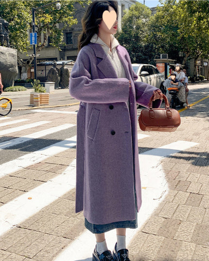 Loose Mid-length Lace-up Woolen Coat Women