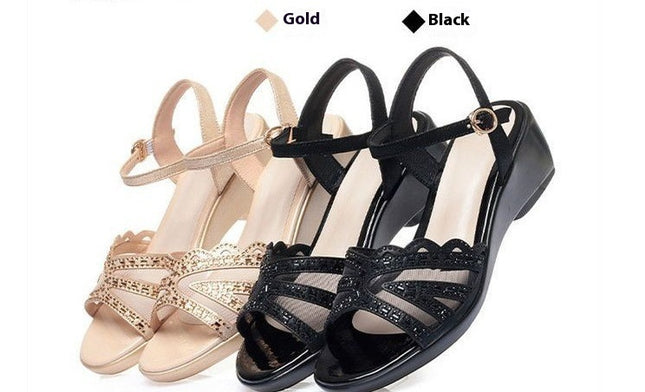 Women's Summer Chunky Mid Wedge Sandals With One Line Buckle Heels