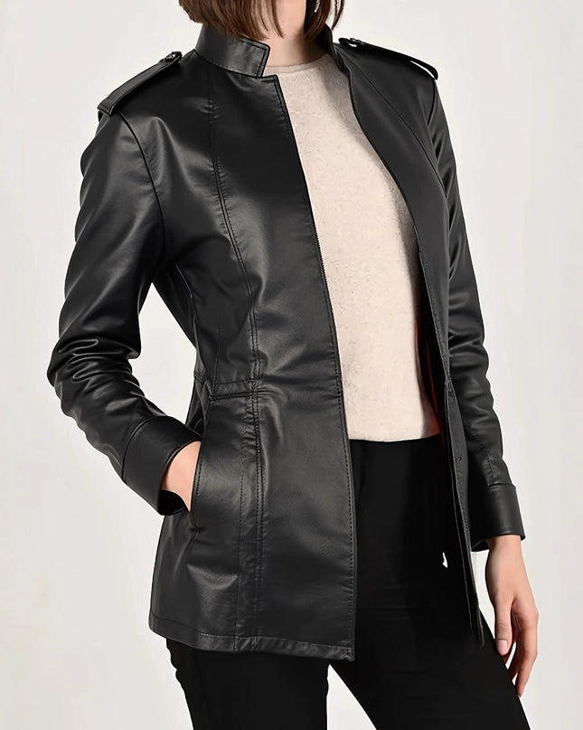 Women's Stand Collar Long Sleeve Distressed Fashion Leather Jacket Coat