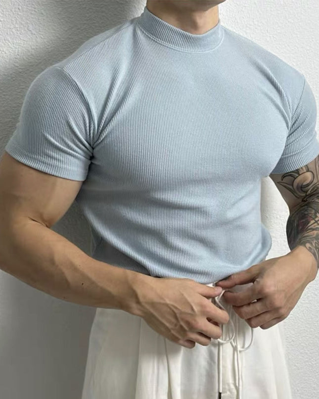 Men's American-style Pure Color Half Collar Thread Stretch T-shirt Top