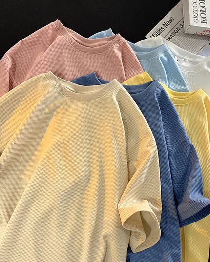 Men's Casual Solid Color Waffle Short Sleeved Shirt