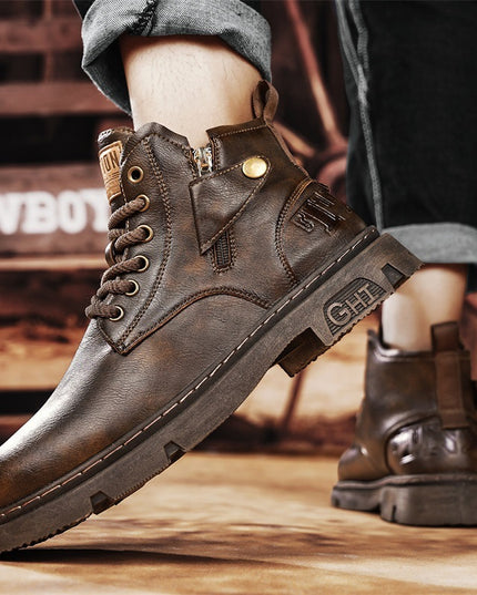 Men's High-top Retro Side Zipper Motorcycle Leather Boots