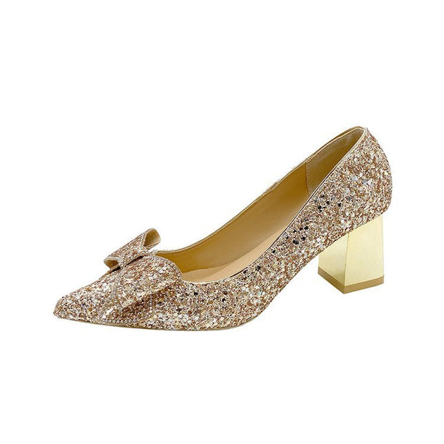 Crystal Sequins Wedding Xiuhe Chunky Heel Pointed-toe Shoes
