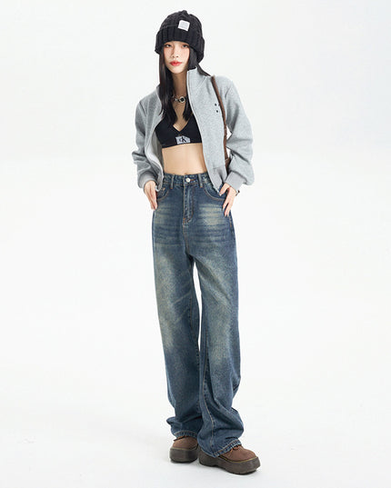 American Style Nostalgic Blue Wide Leg Jeans For Women