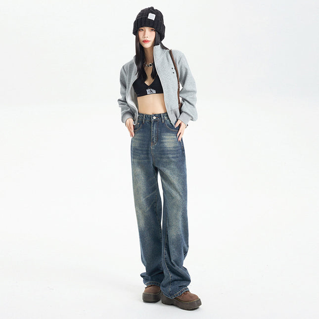 American Style Nostalgic Blue Wide Leg Jeans For Women