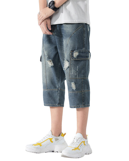 Men's Loose Elastic Waist Printed Cropped Jeans