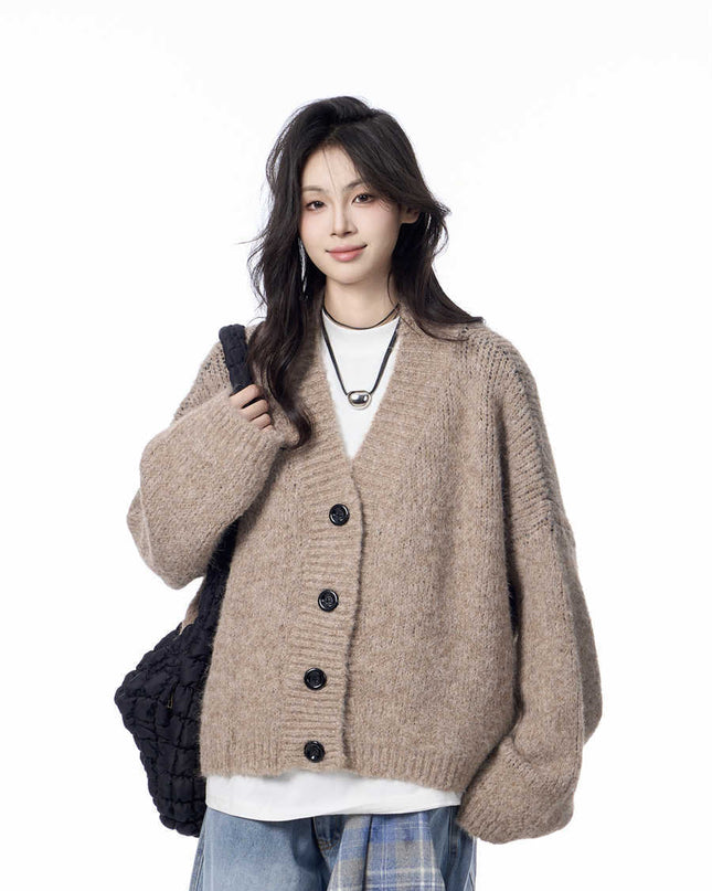 V-neck Knitted Cardigan Coat Women's Idle Style Loose Sweater