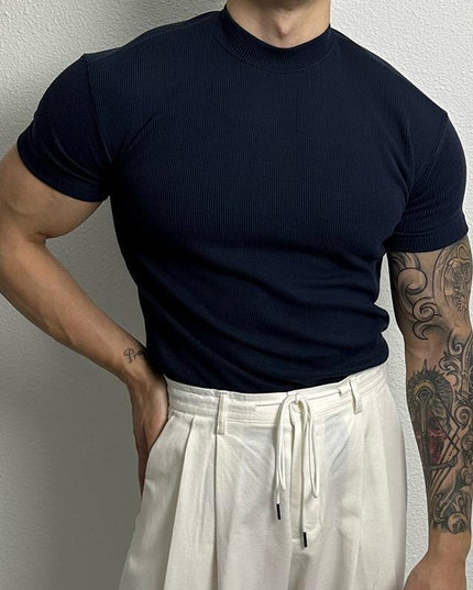 Men's American-style Pure Color Half Collar Thread Stretch T-shirt Top