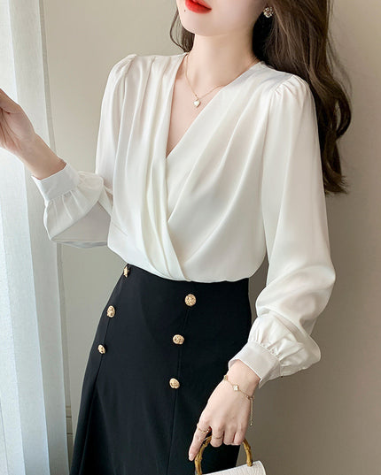 V-neck Satin Long-sleeved Shirt Women's Professional Bottoming Shirt